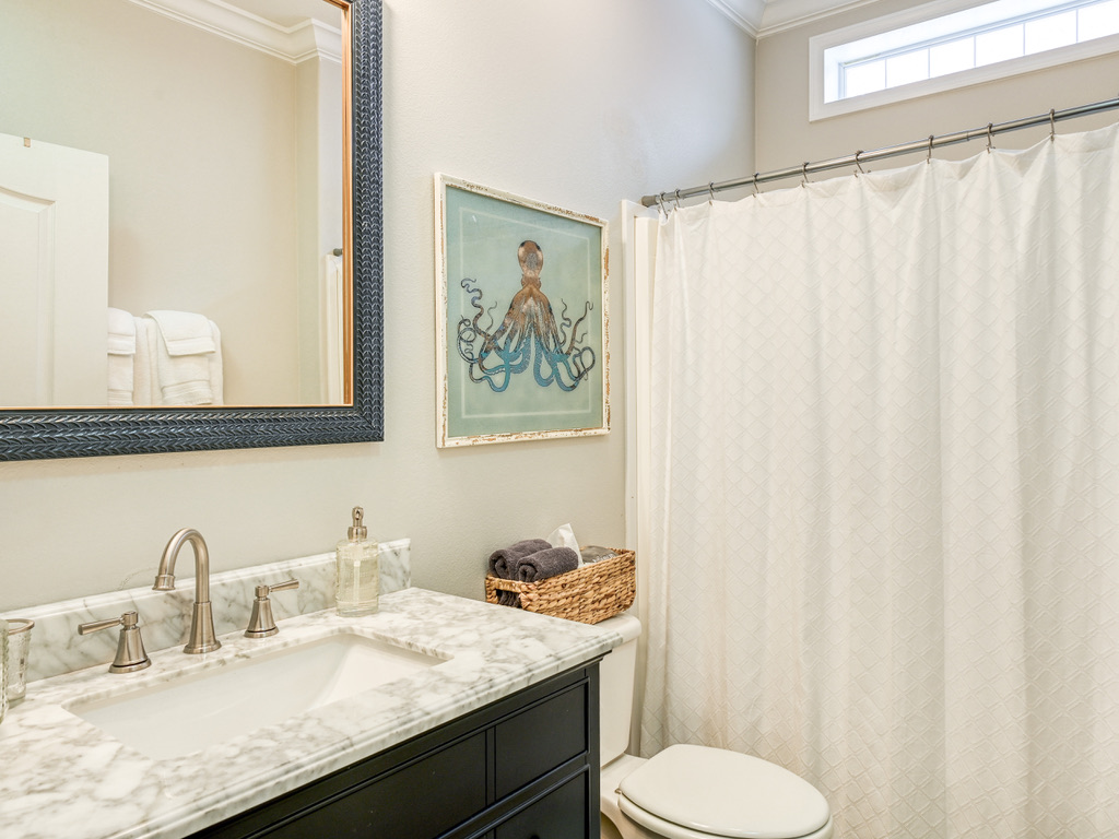 Second bathroom with marble vanity and octopus print