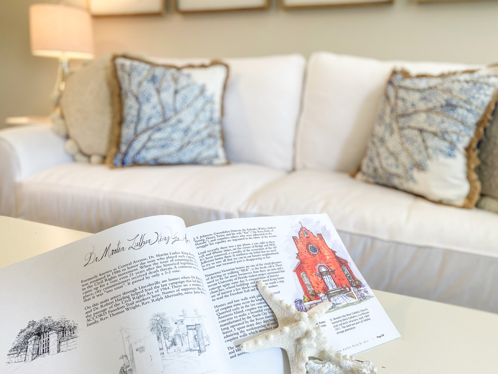 St. Augustine history book and starfish on the coffee table