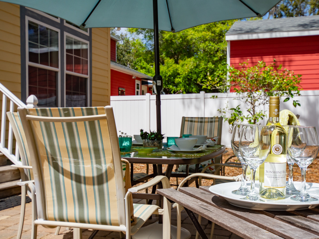 Back patio with umbrella table
